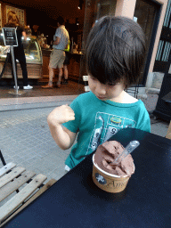 Max with an ice cream at the Amorino ice cream store at the Plaça de Weyler square