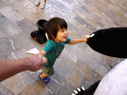 Max with an actor in a Panda suit at the Plaça del Marquès del Palmer square