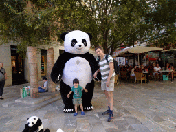 Tim and Max with an actor in a Panda suit at the Plaça del Marquès del Palmer square