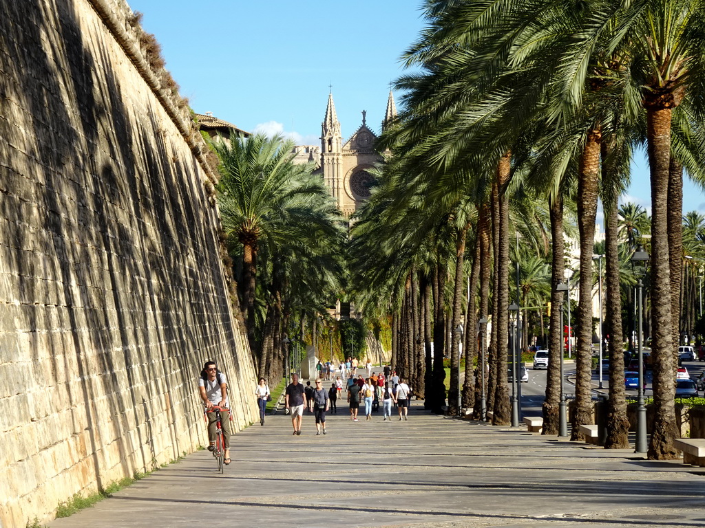 The Passeig de Sagrera street, the city wall east of the Bastió de Sant Pere bastion and the towers of the Palma Cathedral