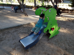 Max on the slide at the playground at the Parc de Sa Feixina