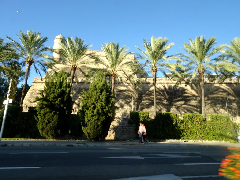 The Bastió de Sant Pere bastion, viewed from the rental car on the Avinguda de Gabriel Roca street