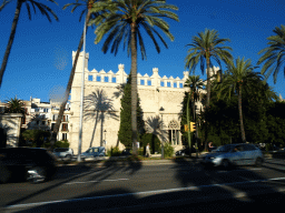 The Lonja de Mallorca building, viewed from the rental car on the Avinguda de Gabriel Roca street