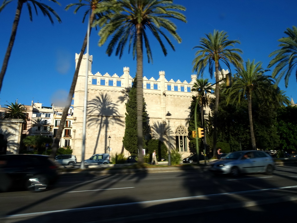 The Lonja de Mallorca building, viewed from the rental car on the Avinguda de Gabriel Roca street