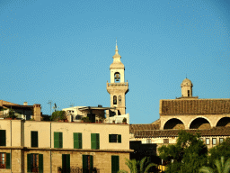 Tower of the Església de Monti-sion de Palma church, viewed from the rental car on the Avinguda de Gabriel Roca street