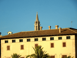 Tower of the Parròquia de Santa Eulàlia church, viewed from the rental car on the Avinguda de Gabriel Roca street