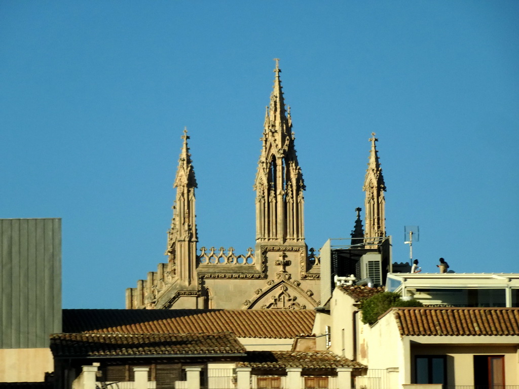 Towers of the Roman Catholic Diocese of Majorca, viewed from the rental car on the Avinguda de Gabriel Roca street
