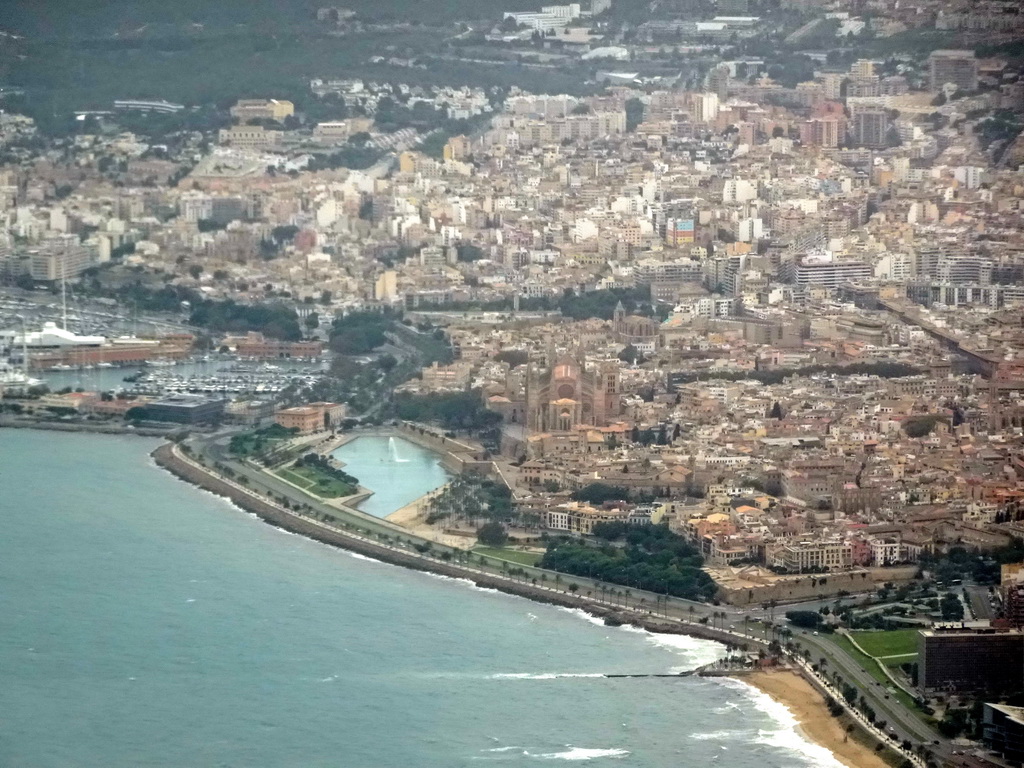 The city center with the Palma Cathedral, viewed from the airplane to Rotterdam