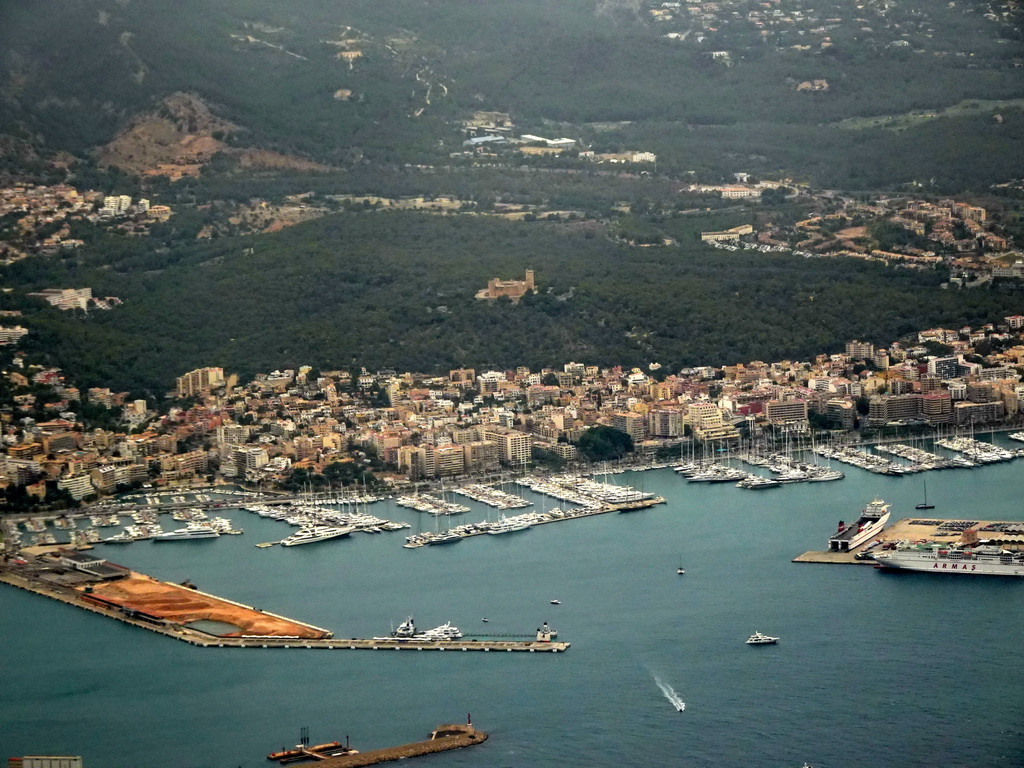 The Parc de Bellver with the Castell de Bellver castle and the Puerto de Palma harbour, viewed from the airplane to Rotterdam