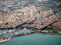 The city center with the Palma Cathedral and the Puerto de Palma harbour, viewed from the airplane to Rotterdam