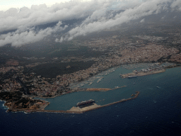 The city center with the Palma Cathedral, the Castell de Bellver castle and the Puerto de Palma harbour, viewed from the airplane to Rotterdam