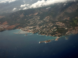 The town of Portals Nous-Calvià with the Puerto Portals harbour and the island of Morro de Xaloc, viewed from the airplane to Rotterdam