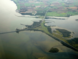 The Knooppunt Hellegatsplein junction and the Hollands Diep river, viewed from the airplane to Rotterdam