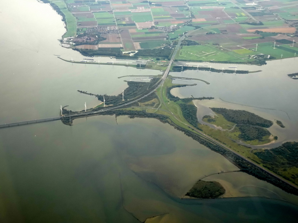 The Knooppunt Hellegatsplein junction and the Hollands Diep river, viewed from the airplane to Rotterdam
