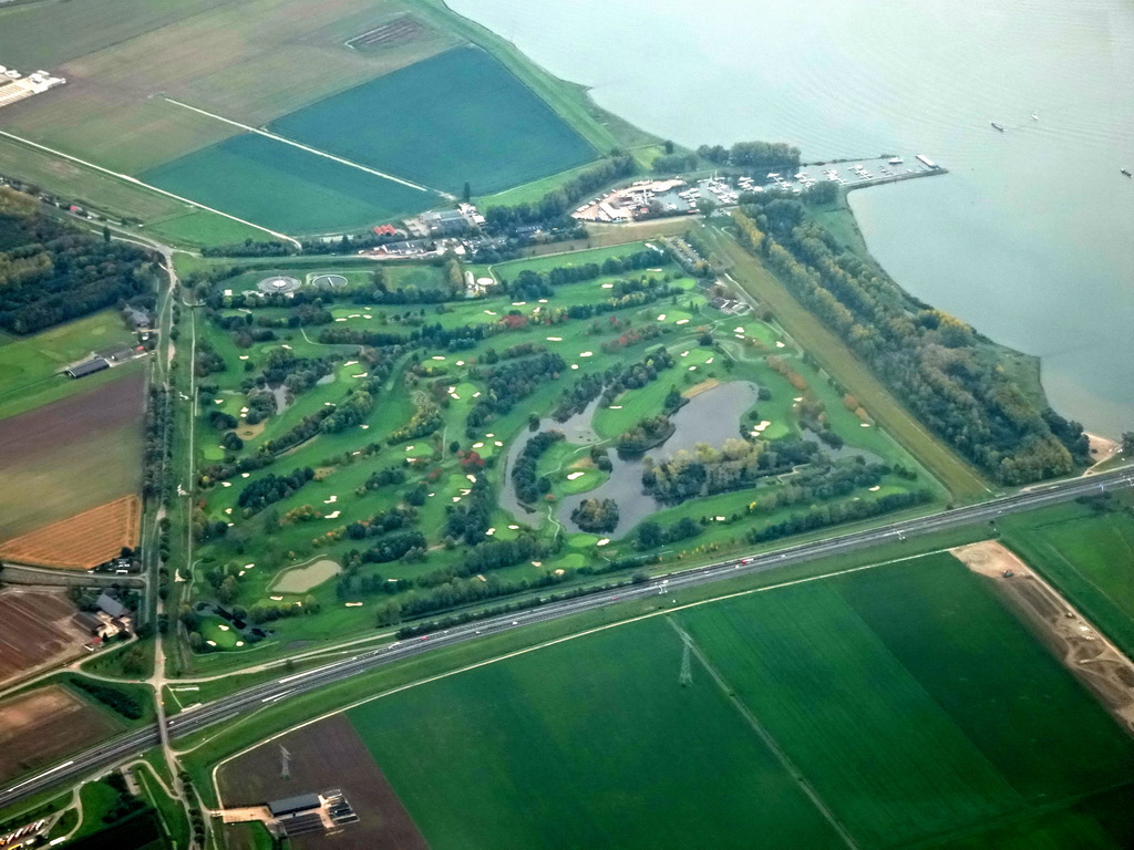 The Golf Club Cromstrijen and the Hollands Diep river, viewed from the airplane to Rotterdam