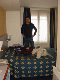 Tim in our room in the Hotel Comfort Place du Tertre