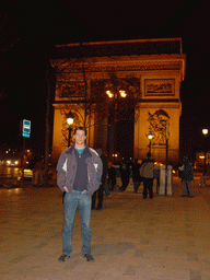 Tim at the Arc de Triomphe, by night