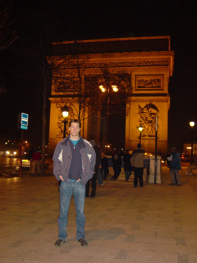 Tim at the Arc de Triomphe, by night