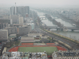 View on the Stade Emile Antoine, the river Seine and office buildings, from the higher floor of the Eiffel Tower