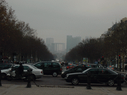 The west side of the Avenue des Champs-Élysées, with the Grande Arche, from the Place de l`Étoile square