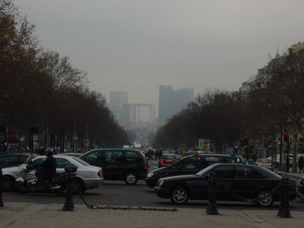 The west side of the Avenue des Champs-Élysées, with the Grande Arche, from the Place de l`Étoile square