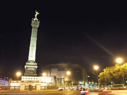 The Colonne de Juillet column and the Opéra Bastille at the Place de la Bastille square, by night