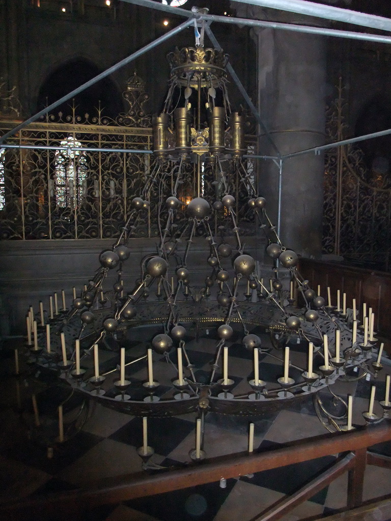 Lowered chandelier in the Cathedral Notre Dame de Paris