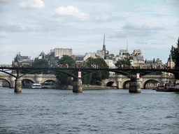 The Pont des Arts bridge and the Pont Neuf bridge over the Seine river, viewed from the Seine ferry