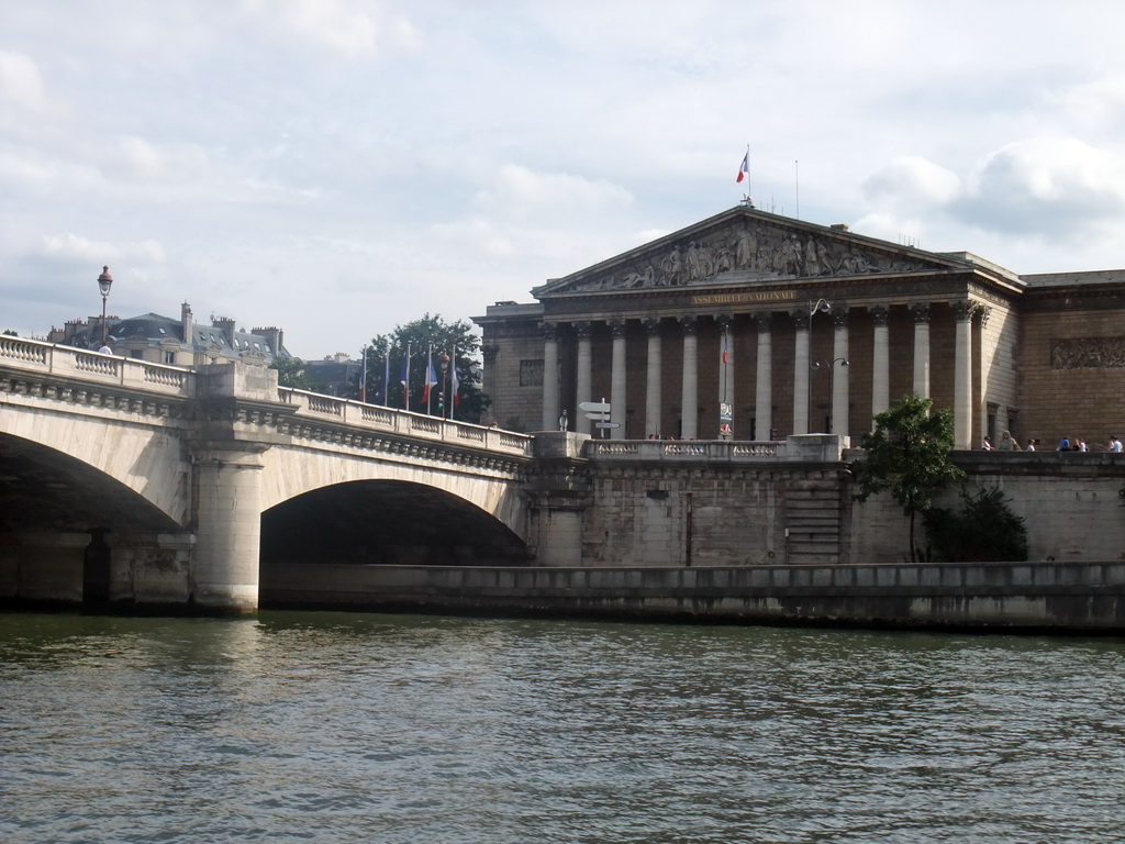 The Pont de la Concorde bridge over the Seine river and the Palais Bourbon, viewed from the Seine ferry