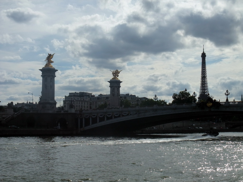 The Pont Alexandre-III bridge over the Seine river and the Eiffel Tower, viewed from the Seine ferry