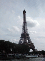 Boats in the Seine river and the Eiffel Tower, viewed from the Seine ferry