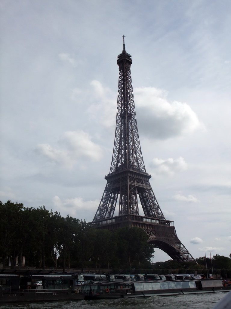 Boats in the Seine river and the Eiffel Tower, viewed from the Seine ferry