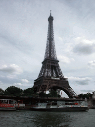 Boats in the Seine river and the Eiffel Tower, viewed from the Seine ferry