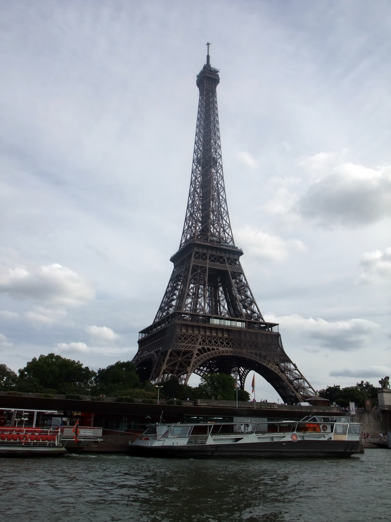 Boats in the Seine river and the Eiffel Tower, viewed from the Seine ferry