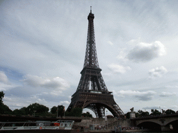 The Pont d`Iéna bridge over the Seine river and the Eiffel Tower, viewed from the Seine ferry