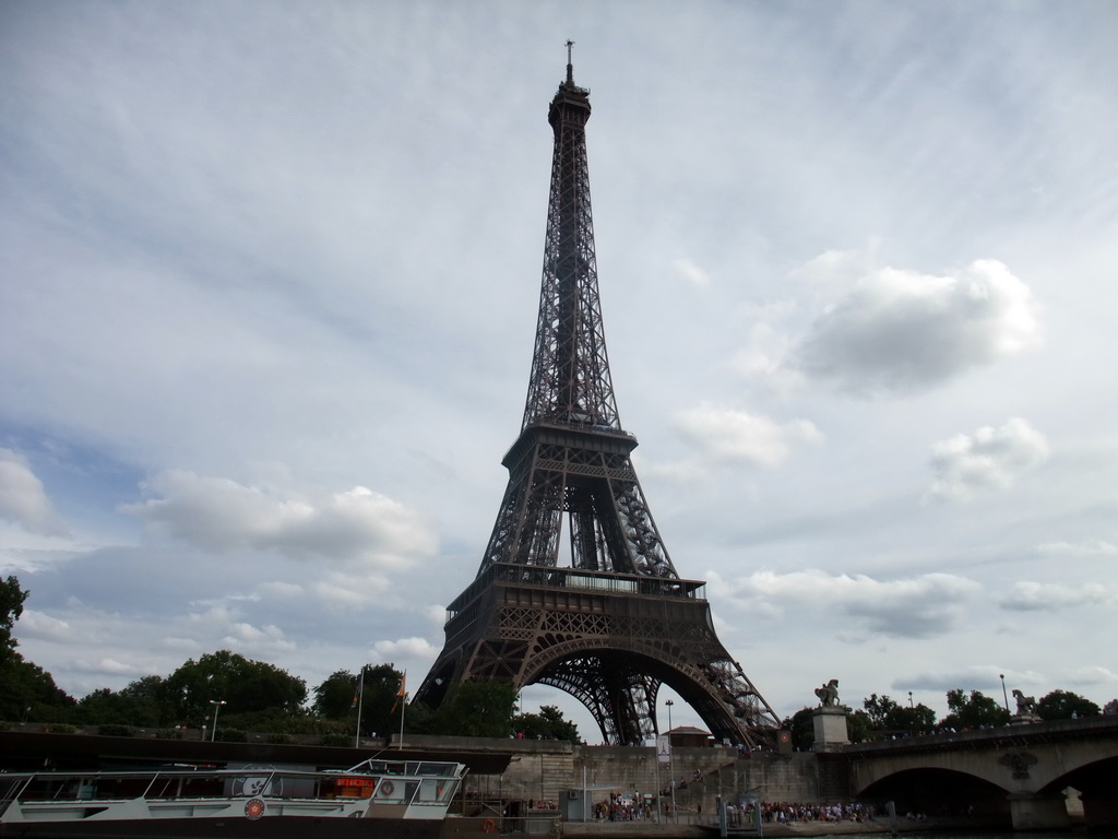 The Pont d`Iéna bridge over the Seine river and the Eiffel Tower, viewed from the Seine ferry