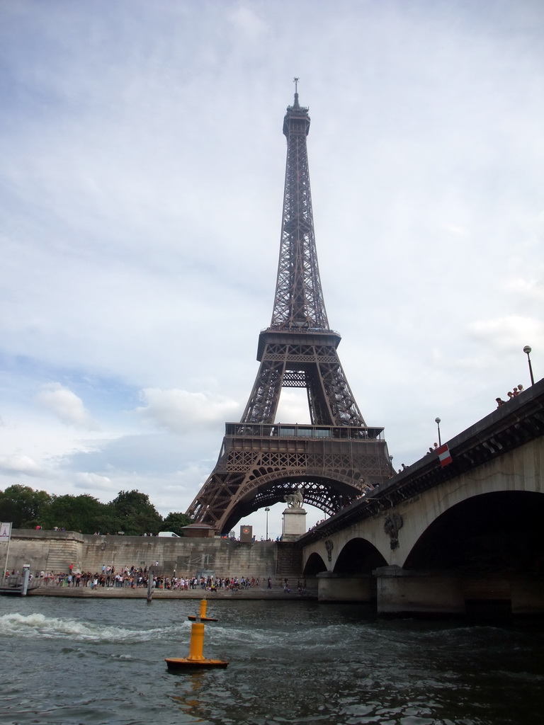 The Pont d`Iéna bridge over the Seine river and the Eiffel Tower, viewed from the Seine ferry