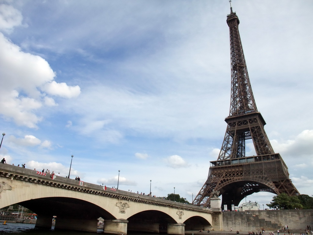 The Pont d`Iéna bridge over the Seine river and the Eiffel Tower, viewed from the Seine ferry