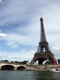 The Pont d`Iéna bridge over the Seine river and the Eiffel Tower, viewed from the Seine ferry