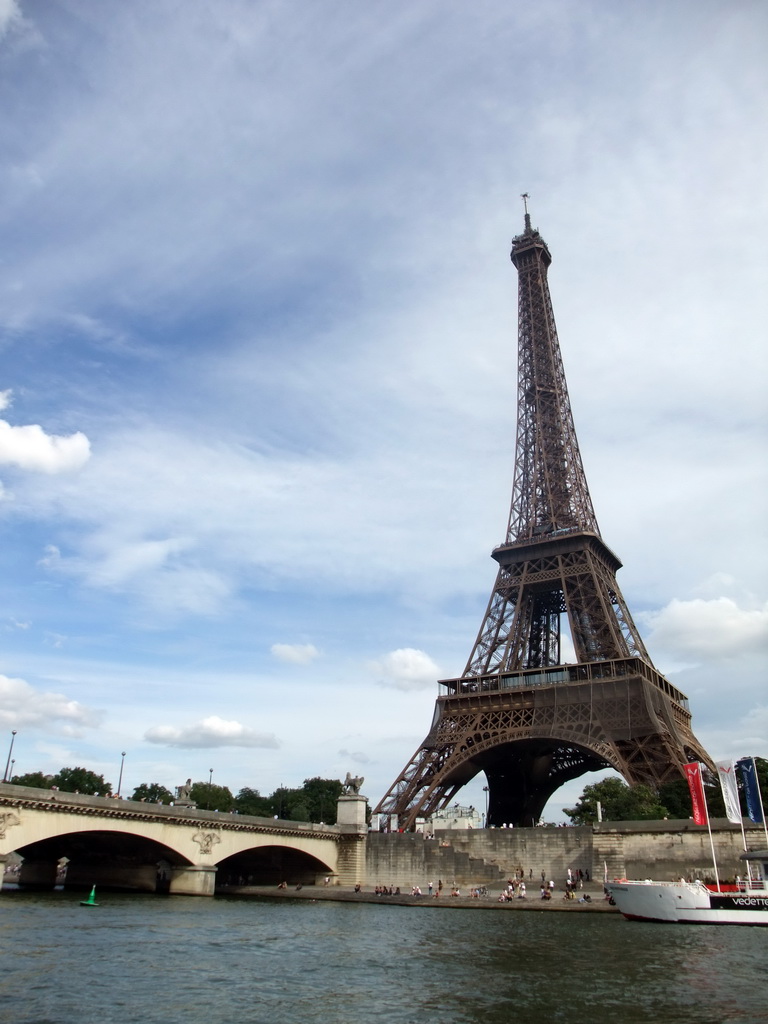 The Pont d`Iéna bridge over the Seine river and the Eiffel Tower, viewed from the Seine ferry