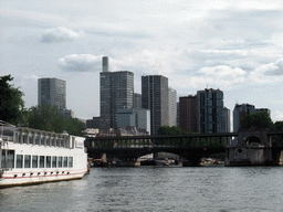 The Pont de Bir-Hakeim bridge over the Seine River and the Front de Seine, viewed from the Seine ferry