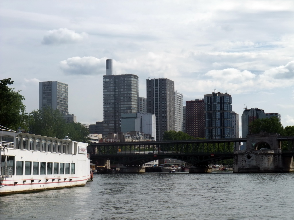 The Pont de Bir-Hakeim bridge over the Seine River and the Front de Seine, viewed from the Seine ferry