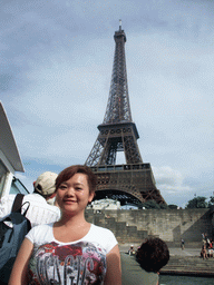 Miaomiao at the Eiffel Tower, viewed from the Seine ferry