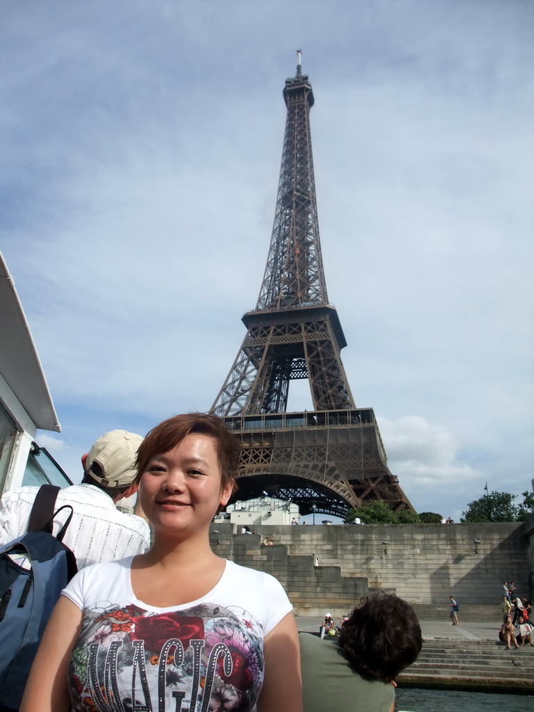 Miaomiao at the Eiffel Tower, viewed from the Seine ferry