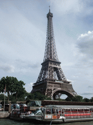 Boat in the Seine river and the Eiffel Tower, viewed from the Seine ferry