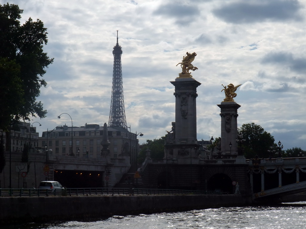 The Pont Alexandre-III bridge over the Seine river and the Eiffel Tower, viewed from the Seine ferry