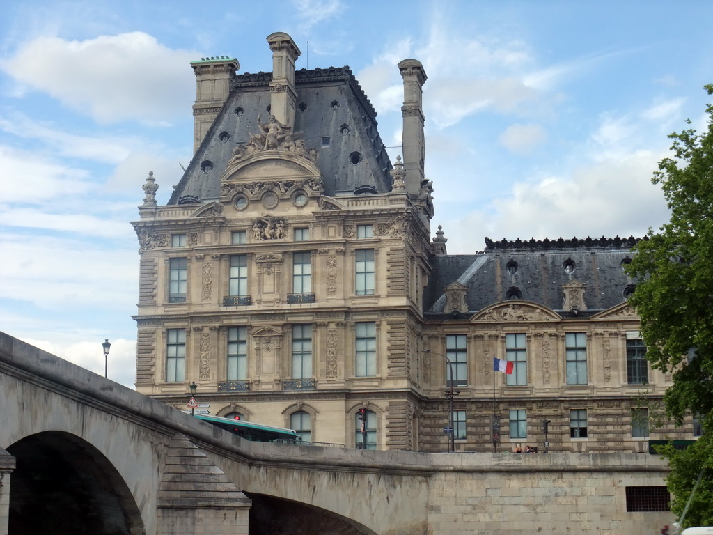 The Pont Royal bridge over the Seine river and the Pavillon de Flore of the Louvre Museum, viewed from the Seine ferry