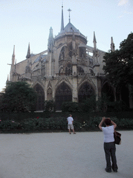 Miaomiao at the back side of the Cathedral Notre Dame de Paris, viewed from the Square Jean XXIII