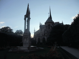 Fountain of the Virgin in the Square Jean XXIII and the back side of the Cathedral Notre Dame de Paris