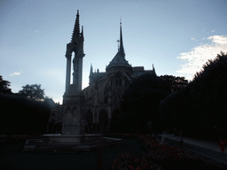 Fountain of the Virgin in the Square Jean XXIII and the back side of the Cathedral Notre Dame de Paris